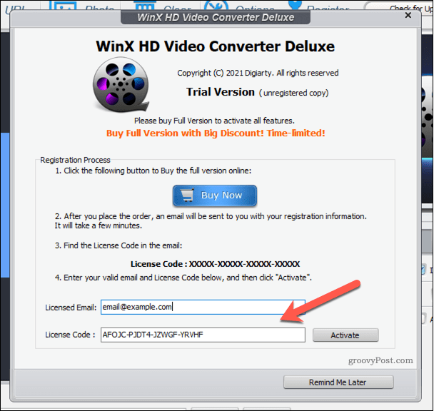 WinX Video Converter licences pievienošana