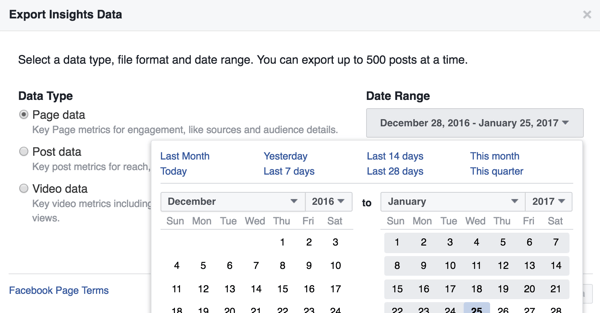 Jūs varat mainīt lejupielādējamo Facebook ieskatu datu datumu diapazonu.