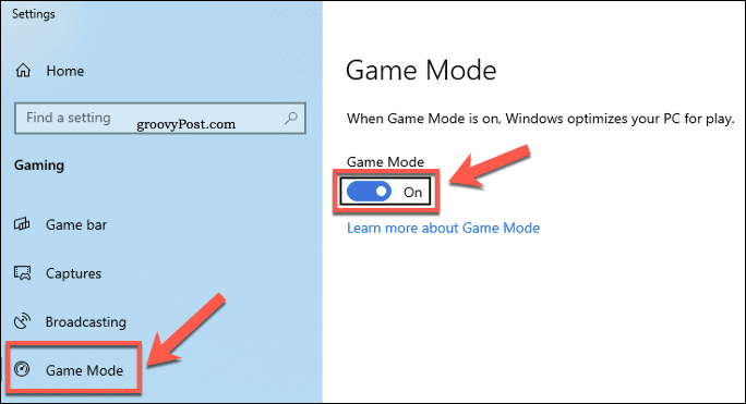 Windows iestatījumu spēles režīma izvēlne