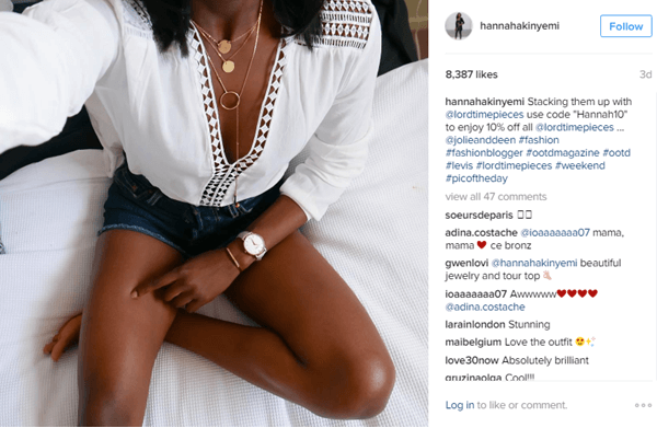 Modelis Hannah Akinyemi piedāvā Lord Timepieces pulksteni kopā ar atlaides kodu Instagram.