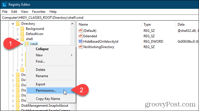 Ar peles labo pogu noklikšķiniet uz reģistra atslēgas un Windows reģistra redaktorā atlasiet Atļaujas