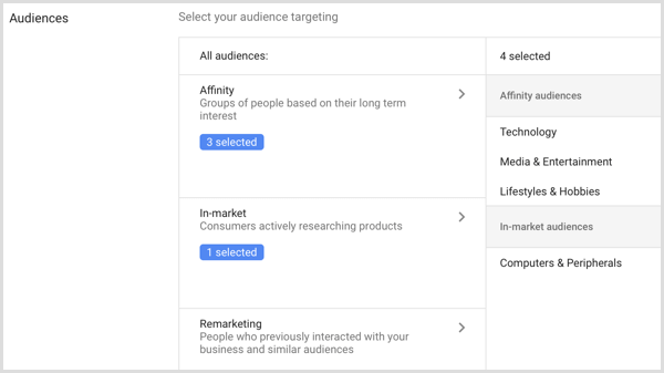 Google AdWords kampaņas mērķauditorijas iestatījumi.