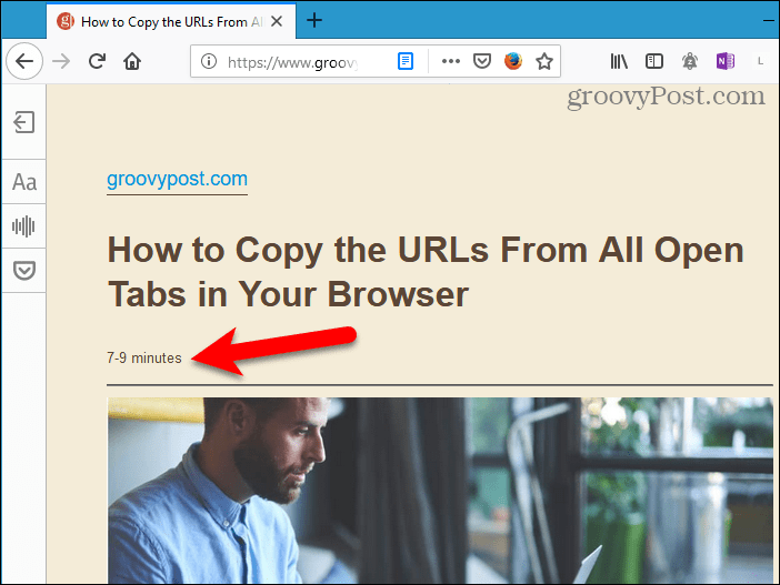 Paredzamais lasīšanas laiks pārlūkprogrammā Firefox lasītāja skatījumā