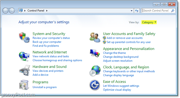 Windows 7 vadības panelis kategorijas skatā