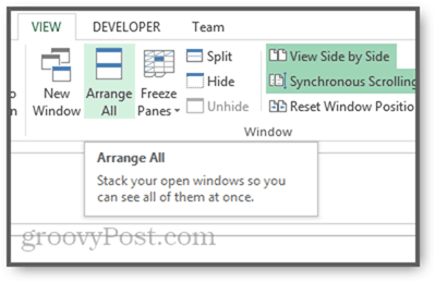sakārtojiet logus vertikāli kaskādēs ar flīzēm programmā Excel 2013