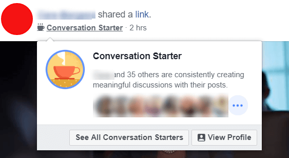 Facebook, šķiet, eksperimentē ar jaunām sarunas sākšanas emblēmām, kas izceļ lietotājus un administratorus, kuri ar savām ziņām pastāvīgi veido jēgpilnas diskusijas.