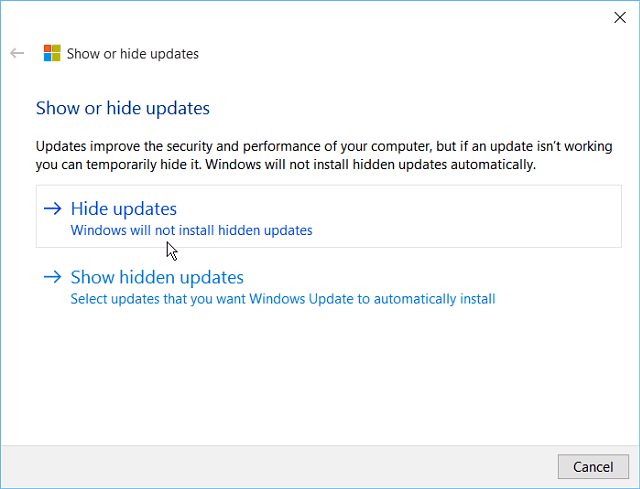 Slēpt Windows 10 atjaunināšanas rīku