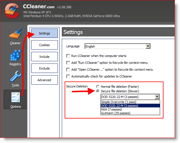 Konfigurējiet CCleaner, lai droši noslaucītu un izdzēstu failus 3 reizes vai DOD 5220.22-M