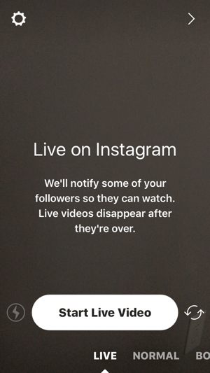 Pieskarieties kameras ikonai un pēc tam pieskarieties Sākt tiešraides video, lai sāktu Instagram tiešraides straumi.