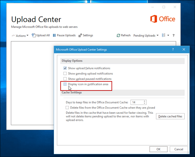 Microsoft Office augšupielādes centra displeja opcijas