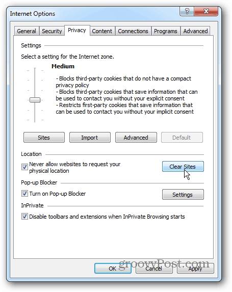Windows 7 IE 10 konfidencialitāte