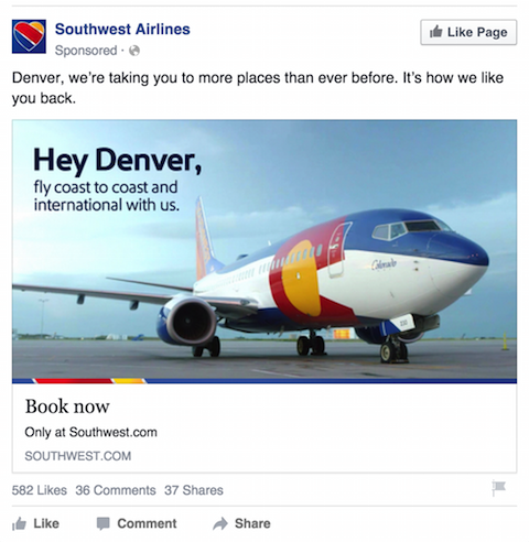 dienvidrietumu aviosabiedrību facebook reklāma
