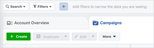 Noklikšķiniet uz pogas Izveidot, lai sāktu jaunu Facebook kampaņu.