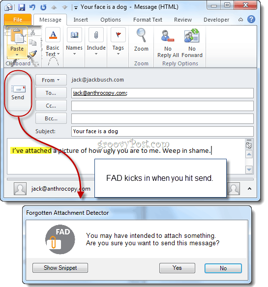 Aizmirsta pielikuma detektors Microsoft Outlook