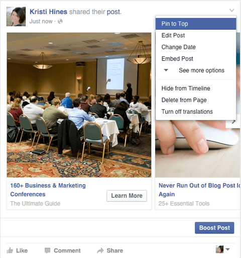 facebook karuseļa reklāma ir kopīgota kā lapas ziņa ar piespraudes funkciju