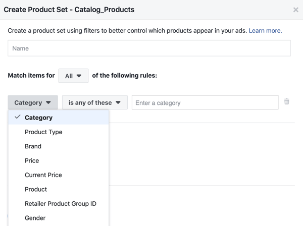 Izmantojiet Facebook notikumu iestatīšanas rīka 28. izvēlnes opciju Facebook, lai lietotu filtrus, kuri produkti tiek rādīti klientiem