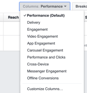 Lai mainītu Facebook Ads Manager redzamās slejas, noklikšķiniet uz nolaižamā saraksta Slejas.