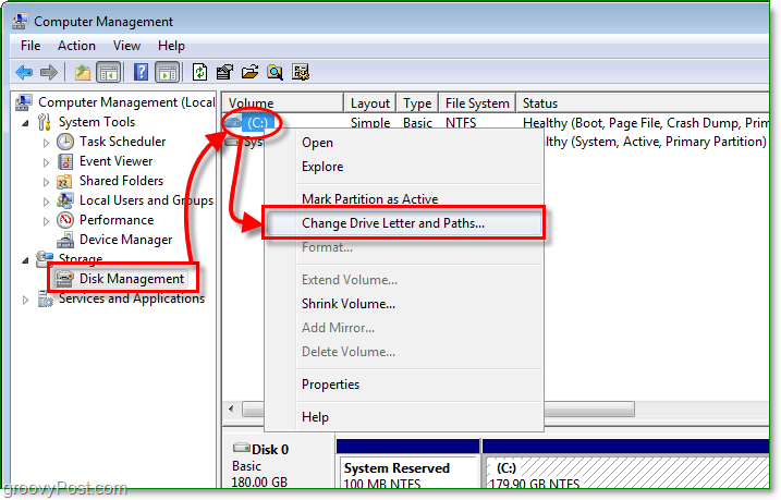 izmantojiet diska pārvaldības funkciju, lai Windows 7 ievadītu diska burta maiņas dialogu