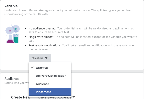 Atlasiet Izvietojums kā mainīgo, lai pārbaudītu ar Facebook sadalījuma testu