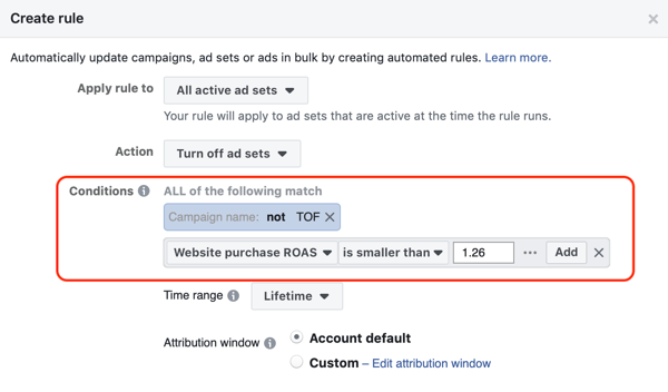 Izmantojiet Facebook automatizētos noteikumus, pārtrauciet reklāmu iestatīšanu, kad RTA samazinās zem minimālā, 3. darbība - nosacījumu iestatījumi