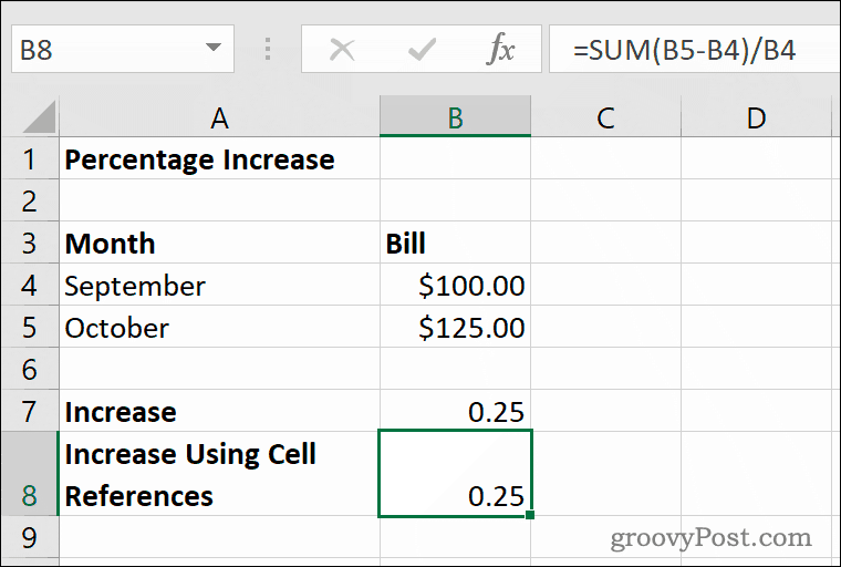 Microsoft Excel procentuālā pieauguma piemērs