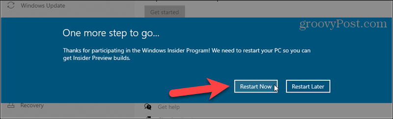 Restartējiet, lai pabeigtu reģistrēšanos Windows Insider būvēm