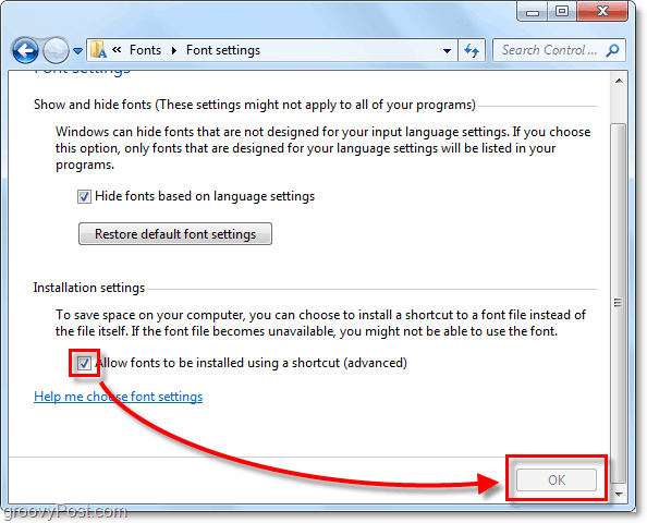 ļaut Windows 7 fontus instalēt no tīkla vai cita ārēja resursa