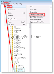 Windows reģistra redaktors, kas ļauj e-pasta atkopšanu pakalpojumā Inbox for Outlook 2007 Dword