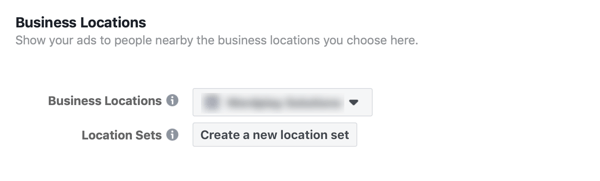 Iespēja izveidot jaunu atrašanās vietu, kas iestatīta jūsu Facebook biznesa reklāmai.