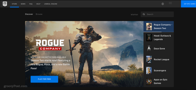 Ekrānuzņēmums, kurā redzama Epic Games Store vietne