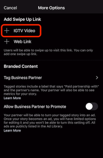 iespēja pievienot vilkšanas saiti uz IGTV video