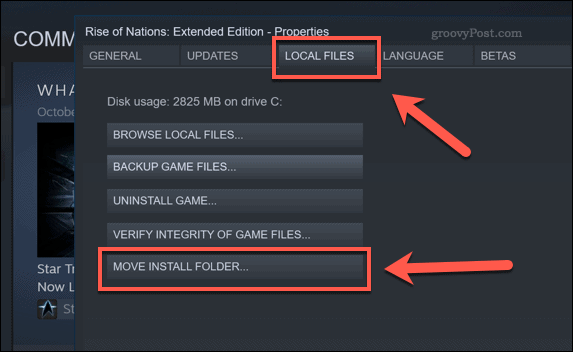 Steam Move Install Folder opcijas poga