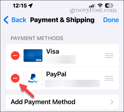 noņemiet maksājuma veidu no iPhone