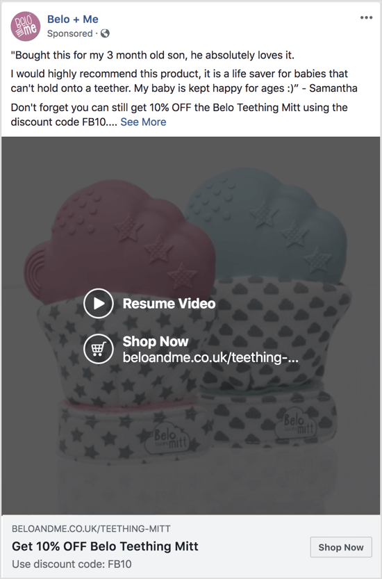 Šajā Facebook reklāmā tiek izmantots slaidrādes video, lai veicinātu atlaidi konkrētam produktam.
