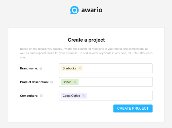 Kā lietot Awario sociālo mediju klausīšanai, 1. solis izveidojiet projektu.