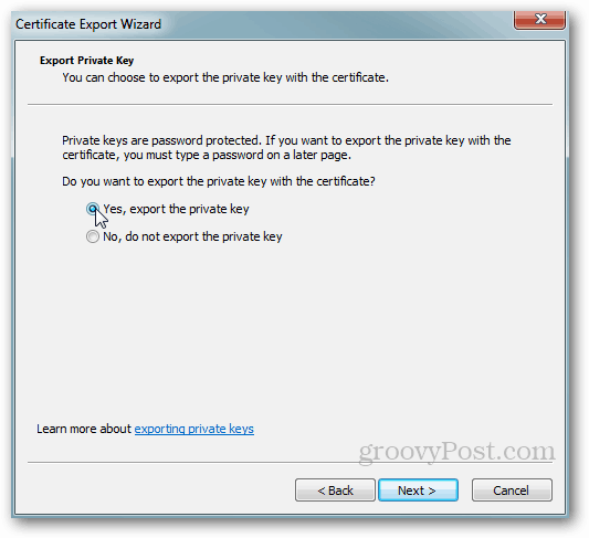 Windows sertifikātu eksportēšana - privātā atslēga Jā