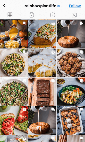 @rainbowplantlife instagram plūsmas ekrānuzņēmuma piemērs, kurā redzami viņu vegāniskie ēdieni, kas attēloti dziļos, bagātīgos toņos