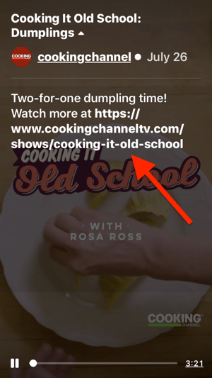 Klikšķināmas video saites piemērs Cooking It Old School IGTV sērijas “Pelmeņi” aprakstā.