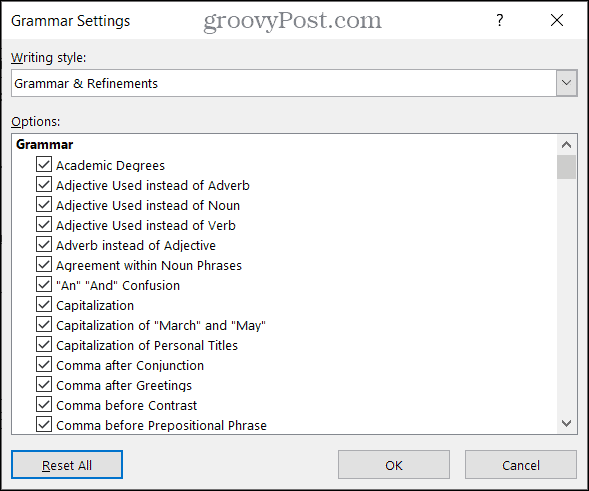 Gramatikas iestatījumi programmā Word programmā Windows