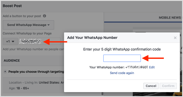 Ievadiet apstiprinājuma kodu, ko saņēmāt, izmantojot īsziņu, lai savienotu savu WhatsApp Business kontu ar Facebook.