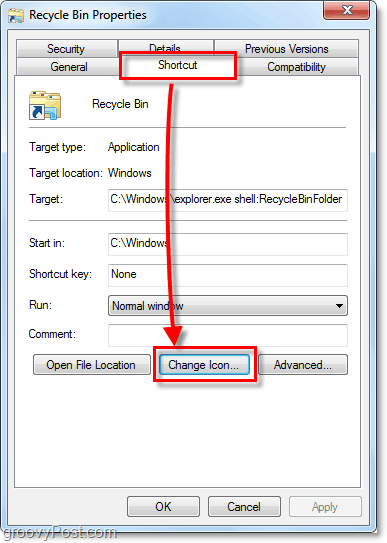 mainīt saīsnes ikonu Windows 7