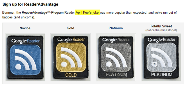 Google lasītāja 2010. gada aprīļa muļķu lasītāja priekšrocību emblēma