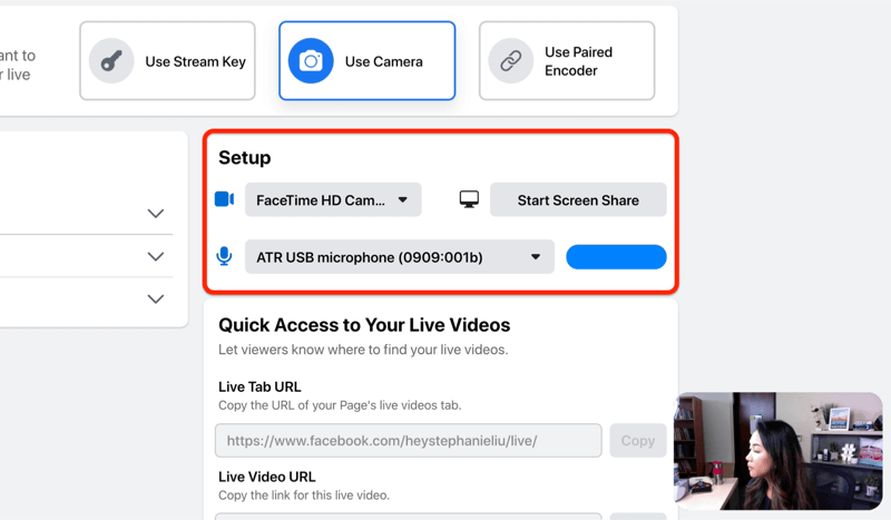facebook tiešraides iestatīšanas opcija, lai izvēlētos kameru un mikrofonu un / vai ekrāna daļu