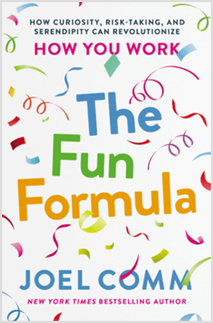 Džoela Koma izklaidējošajai formulai ir grāmatas vāks ar krāsainiem konfeti un baltu fonu.