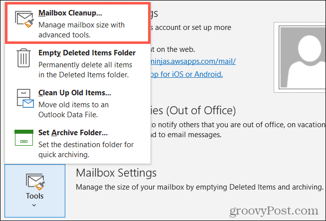 Rīki, pastkastes tīrīšana programmā Outlook