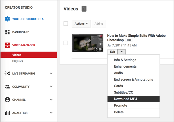 Video pārvaldniekā dodieties uz savu videoklipu, blakus YouTube videoklipam noklikšķiniet uz pogas Rediģēt un atlasiet Lejupielādēt MP4.