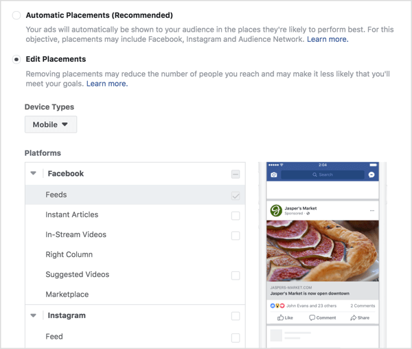 Atlasiet izvietojumus Facebook iesaistes reklāmai.