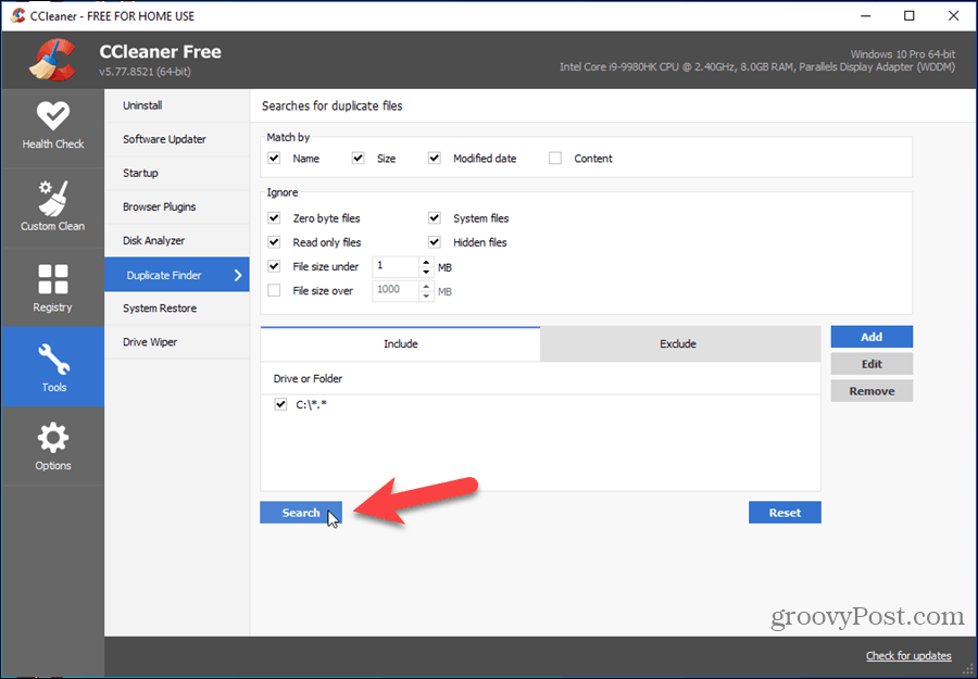 CCleaner programmā Finder dublikāts