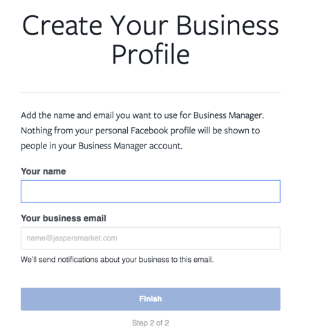 Ievadiet savu vārdu un darba e-pastu, lai pabeigtu Facebook Business Manager konta iestatīšanu.