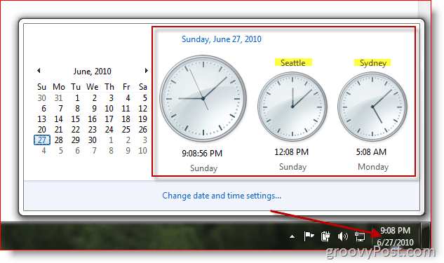 Microsoft Windows 7, kas parāda papildu pulksteņus dažādos laika periodos